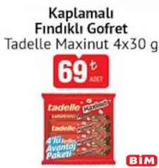 TADELLE MAXİNUT KAPLAMALI FINDIKLI GOFRET 4X30 G TADELLE MAXİNUT KAPLAMALI FINDIKLI GOFRET 4X30 G